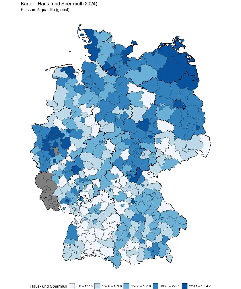 Karte der Landkreise und kreisfreien Städte Deutschland, klassifiziert nach dem Haus- und Sperrmüllaufkommen pro Kopf im Jahr 2024