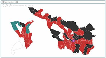Der Screenshot aus dem Bremer Wahlatlas 2023 zeigt, welche Partei in den Ortsteilen die meisten Stimmen erhalten hat.