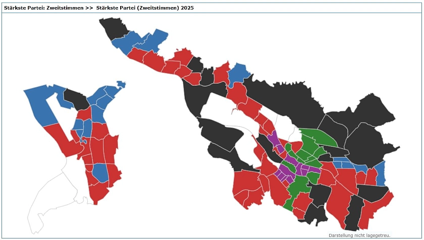Eine Karte zeigt, welche Partei bei der Bundestagswahl 2025 die meisten Stimmen in den Ortsteilen der Städte Bremen und Bremerhaven erhalten hat. 