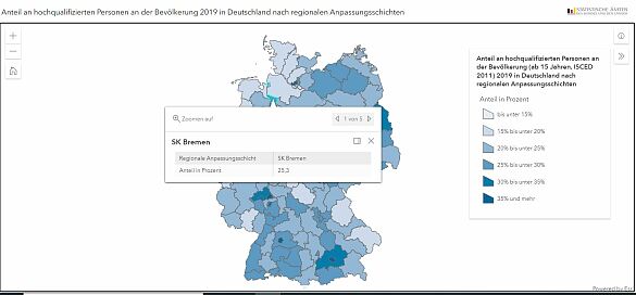 Deutschlandkarten mit den Anteilen Hochqualifizierter an der Bevölkerung über 15 Jahren in Prozent im Jahr 2019 in den regionalen Anpassungsschichten.