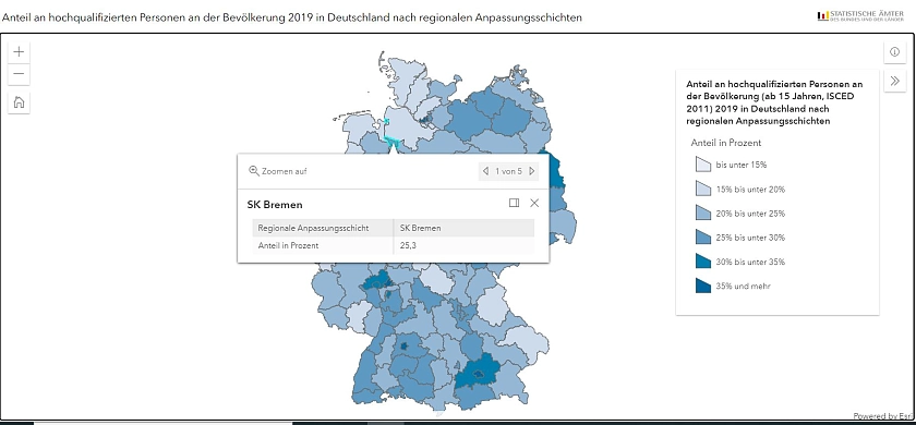 Deutschlandkarten mit den Anteilen Hochqualifizierter an der Bevölkerung über 15 Jahren in Prozent im Jahr 2019 in den regionalen Anpassungsschichten.