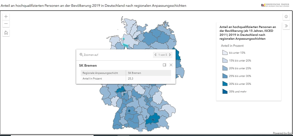 Deutschlandkarten mit den Anteilen Hochqualifizierter an der Bevölkerung über 15 Jahren in Prozent im Jahr 2019 in den regionalen Anpassungsschichten.