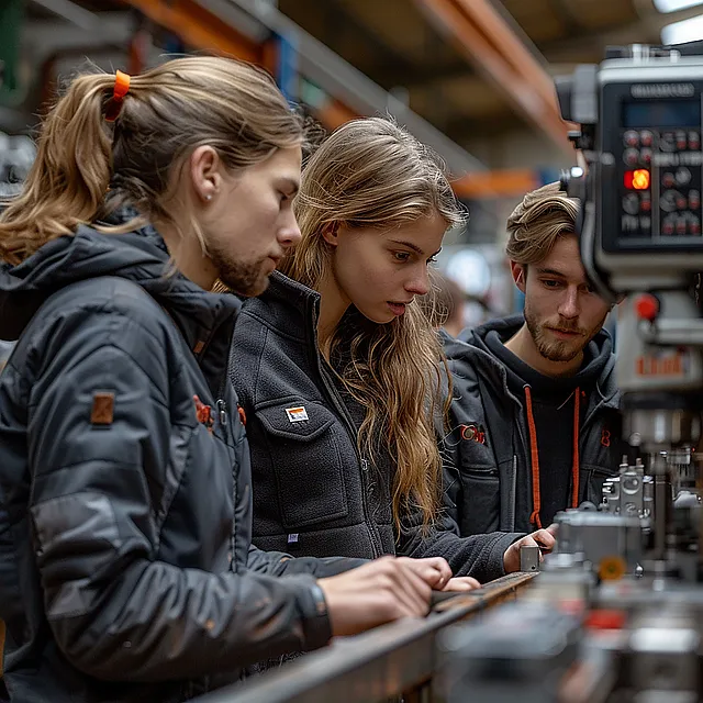 Drei junge Menschen in Arbeitskleidung an technischen Geräten